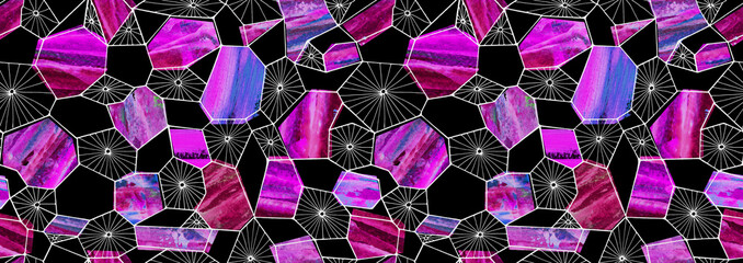Abstract colorful seamless pattern on a black background. Blue, purple, gray, and black endless backdrop for wallpaper, fabric, or wrapping paper. Morden mosaic art. Geometrical shape texture. Border.