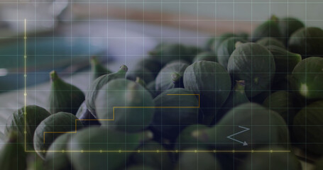 Image of financial data processing over vegetables