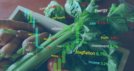 Image of financial data processing over vegetables