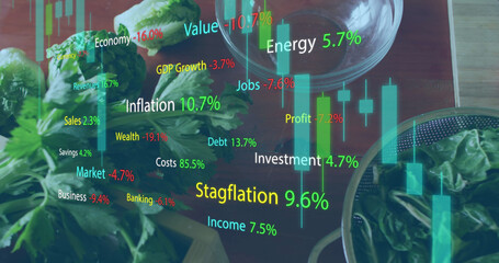 Image of financial data processing over vegetables