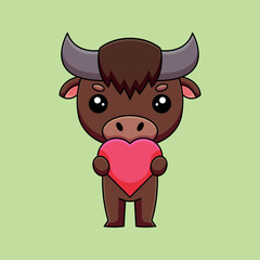 cute buffalo holding love hearth cartoon doodle art hand drawn concept vector kawaii icon illustration