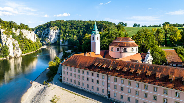 Germany, Bavaria, Kelheim, Aerial view of&nbsp;Weltenburg Abbey in summer