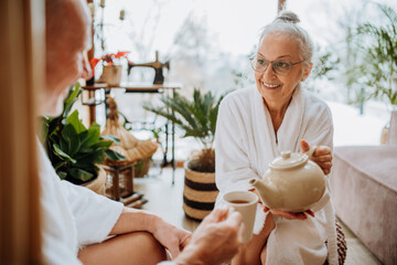 Senior couple in bathrobes enjoying time together in their living room, drinking hot tea, calm and hygge atmosphere. - obrazy, fototapety, plakaty