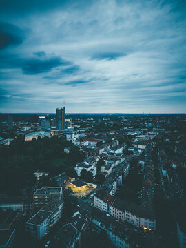 Aerial view of buildings in Essen at dusk