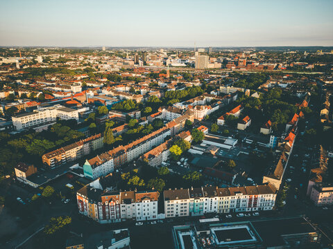 Aerial view of Dortmund cityscape  at sunset