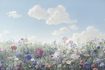 Children's painted colored wallpaper. Colorful illustration of a wide blooming summer meadow. Design for a children's room, wallpaper, photo wallpaper.