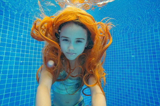 Redhead girl in swimwear swimming underwater