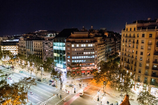 View on Passeig de Garcia from Casa Mila at night, Barcelona Spian