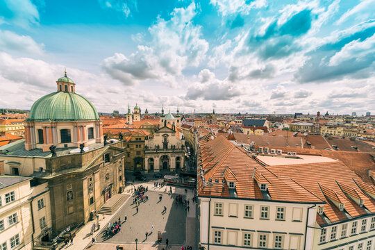 View of old town of Prague including th Church of St. Salvator, St. Francis Of Assissi Church and Charles Bridge Museum , Prague, Czech Republic