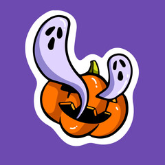 Halloween Jack pumpkin with carved face and creepy spooky ghosts. Orange squash and Helloween spooks. October holiday sticker, design element. Isolated flat cartoon vector illustration