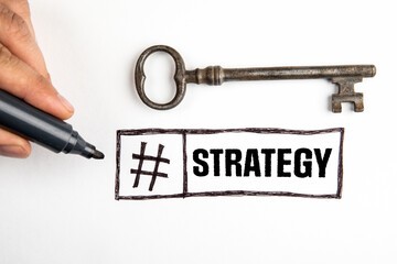 Strategy. Hashtag sign and key on a white background