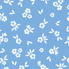 Fototapeta na wymiar Vintage pattern. White flowers and leaves. blue background. Seamless vector template for design and fashion prints.