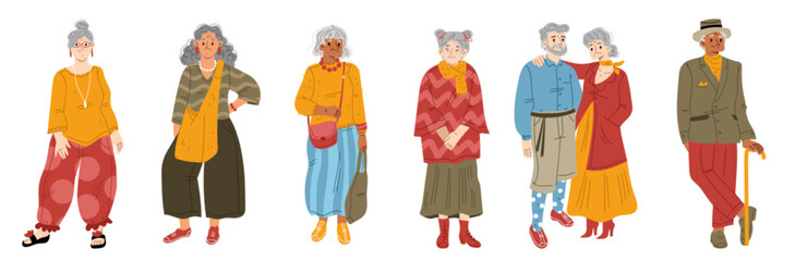 Modern old people, senior adult women and men in fashion clothes. Happy grandmothers and grandfathers in trendy casual apparel isolated on white background, vector flat illustration