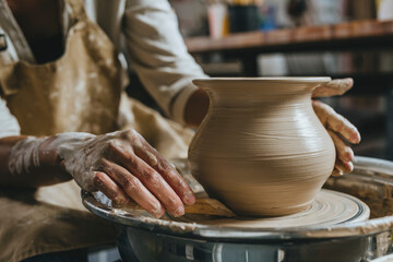 Hands of young potter molding pot shape on pottery wheel
