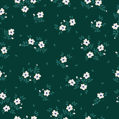 Fototapeta na wymiar Vintage pattern. small White flowers, green leaves. dark green background. Seamless vector template for design and fashion prints.