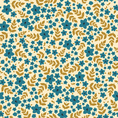 Vintage pattern.  blue flowers, gold leaves. light background. Seamless vector template for design and fashion prints.