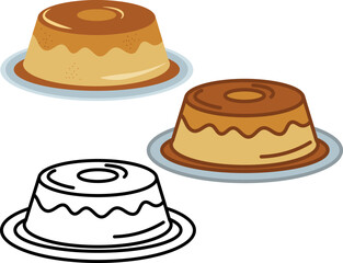 Flan pudding with caramel and vanilla topping. Typical brazilian, portuguese, spanish, latin american condensed milk dessert. Vector icon set with black outline and colored illustration. 