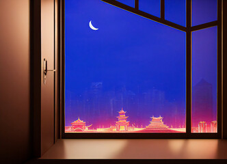 View of a futuristic and technologically superior Asian city through a traditional interior window, 3D rendering