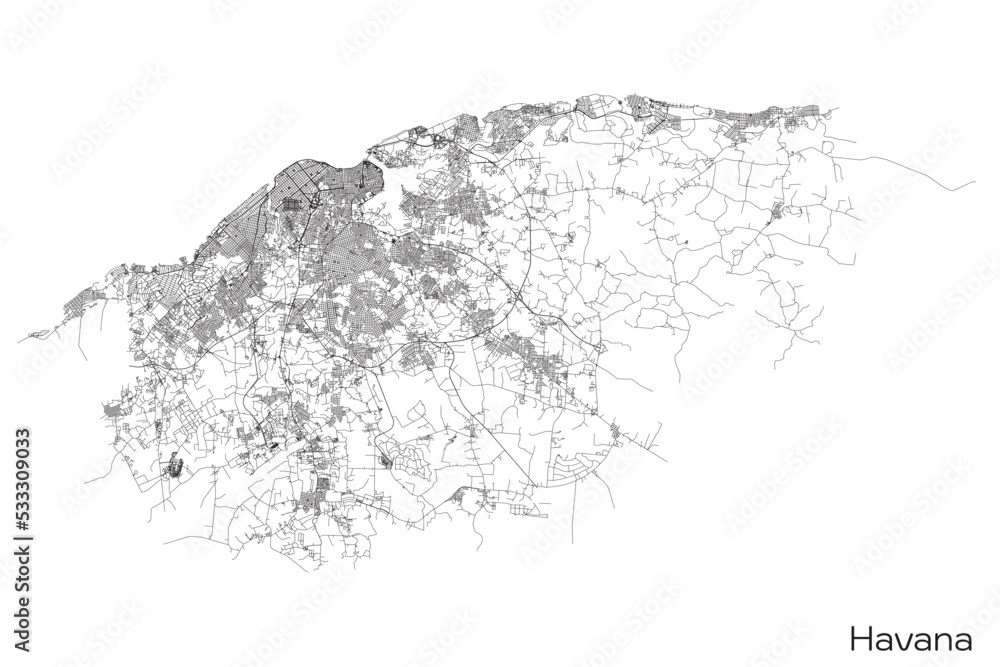 Poster havana city map with roads and streets, cuba. vector outline illustration.