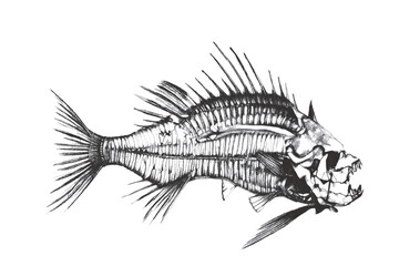 Obraz premium Fish skeleton. Fantastic Sea monster. Doodle sketch. Vector illustration. Isolated on white background.