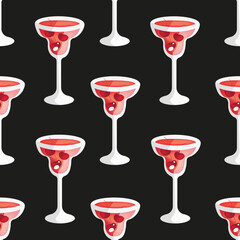 Seamless pattern with glass with a margarita cocktail with cherry on black background. Vector illustration with red alcohol cocktail with tequila and berry.