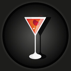 Triangle glass with a cosmopolitan cocktail with cherry on black background. Cut out paper vector illustration with red alcohol cocktail with lemon and  cranberry juice, liqueur and berry.