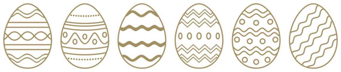Osterei Vektor Kollektion. Gold gerahmte Eier mit verschiedenen Ornamenten auf einem weißen isolierten Hintergrund.
Sechs Ostereier in Gold Kontur.