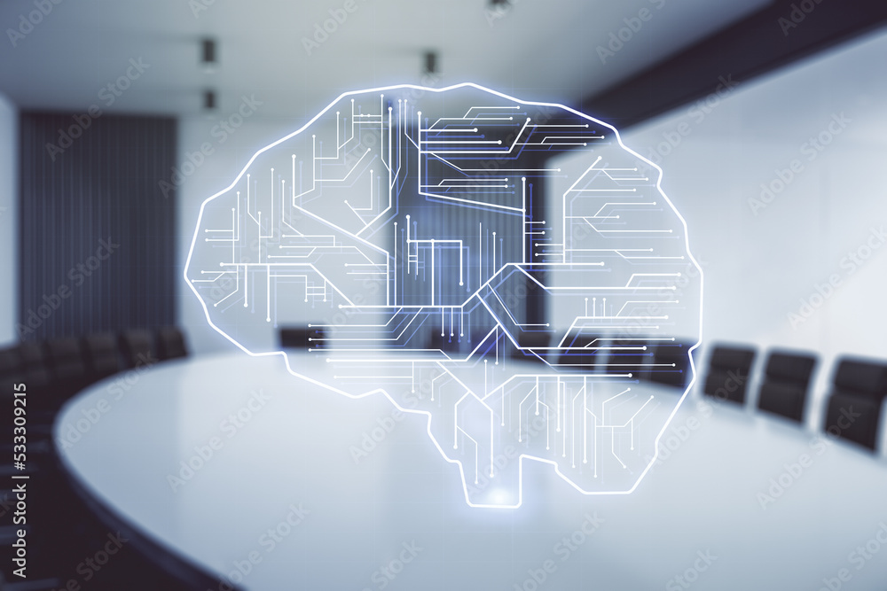 Poster double exposure of creative artificial intelligence interface on a modern meeting room background. n