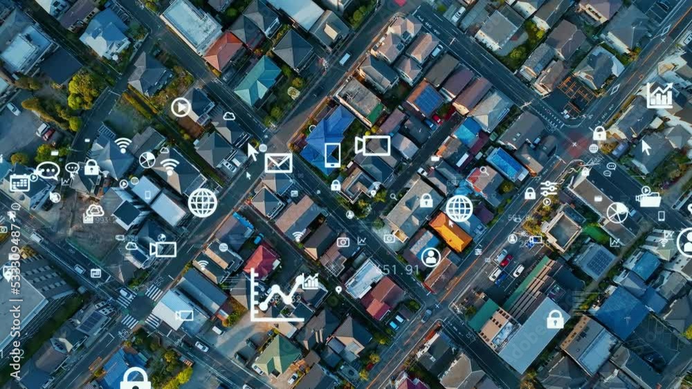 Poster modern residential area and communication network. 5g. iot (internet of things). digital transformat