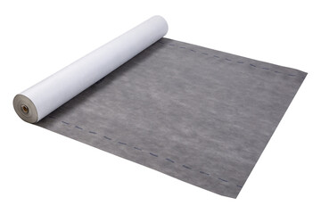 a roll of gray waterproof fabric for roof sealing, half deployed, roofing materials, on a white...