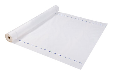 a large roll of white waterproof fabric for roof sealing, half deployed, roofing materials, isolate