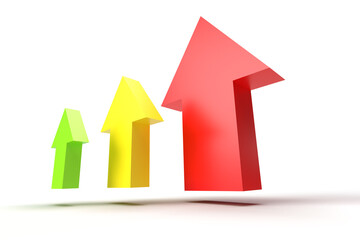 3d render. Red yellow and green up arrows on white background. 