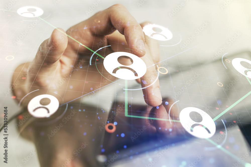 Aufkleber double exposure of social network icons concept and hand working with a digital tablet on background