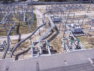 Aerial view of a high voltage electrical substation.