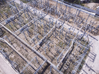 Aerial view of a high voltage electrical substation.