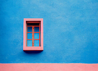 Antique window on blue facade with plaster, minimalist and traditional architecture, 3D rendering