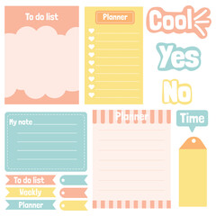 Cute paper notes. Stationary set. Scrapbook notes and cards.Printable planner stickers. To Do List note. Template for your message. Decorative planning element. Vector illustration.