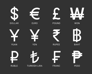 Popular countries currencies symbols isolated  background