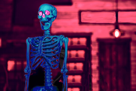 Blue poisonous halloween skeleton in dark shine pink scarlet room