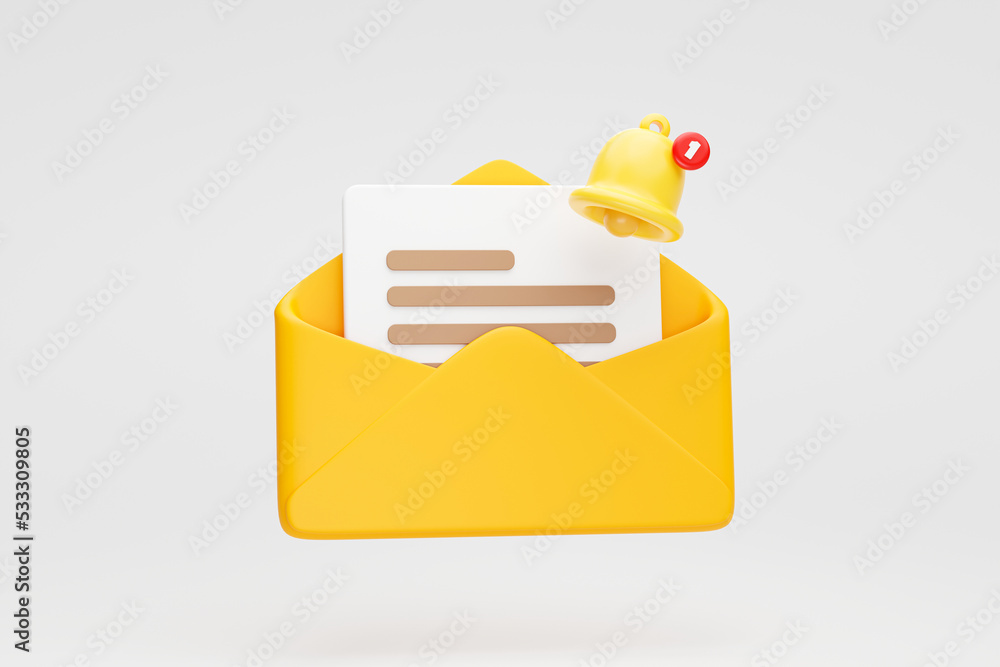 Poster open envelope icon with document new email notification reminder subscription background 3d illustra