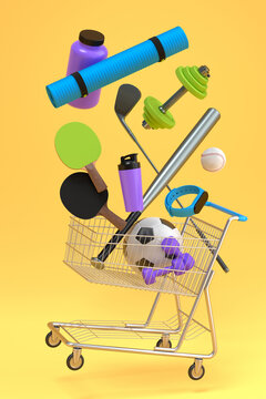 Sport equipment for fitness, gym, crossfit in shopping cart on yellow