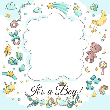 Baby boy shower vector background with blue elements. Frame with set of objects, bear, pacifier, infant toys, stars, moon, clouds. Cute cartoon Card for baby newborn with space for text or photos.