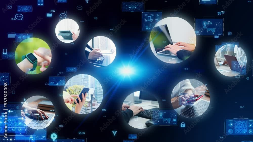 Poster People using various mobile devices and data technology. business strategy.