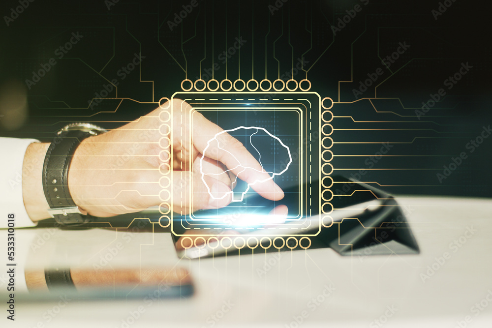 Poster double exposure of creative human brain microcircuit and hand working with a digital tablet on backg