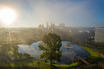 Aerial autumn beautiful morning fog view of Vilnius, Lithuania