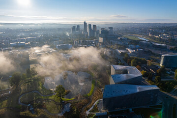 Aerial autumn beautiful morning fog view of Vilnius, Lithuania