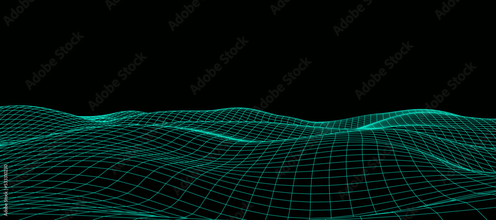 Poster digital wavy wireframe landscape. futuristic linear undulating terrain. digital cyberspace in mounta