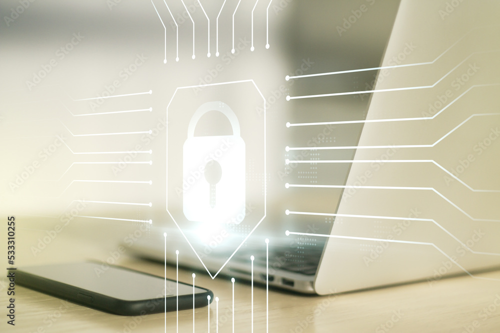 Poster creative idea concept with lock symbol and microcircuit illustration on modern laptop background. pr