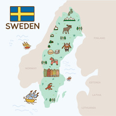Sweden flag and travel map with traditional landmarks and tourist attractions. Cute hand drawn vector illustration.