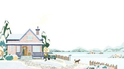 雪の積もる風景手書き水彩風イラスト